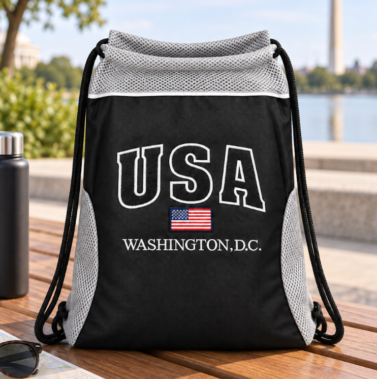 Black USA Washington DC Drawstring Backpack