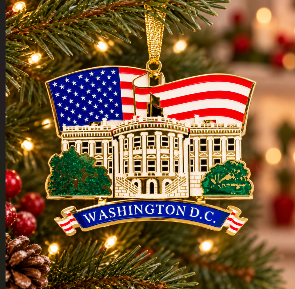 3D metal Christmas ornament featuring White House and American flag in Washington D.C.