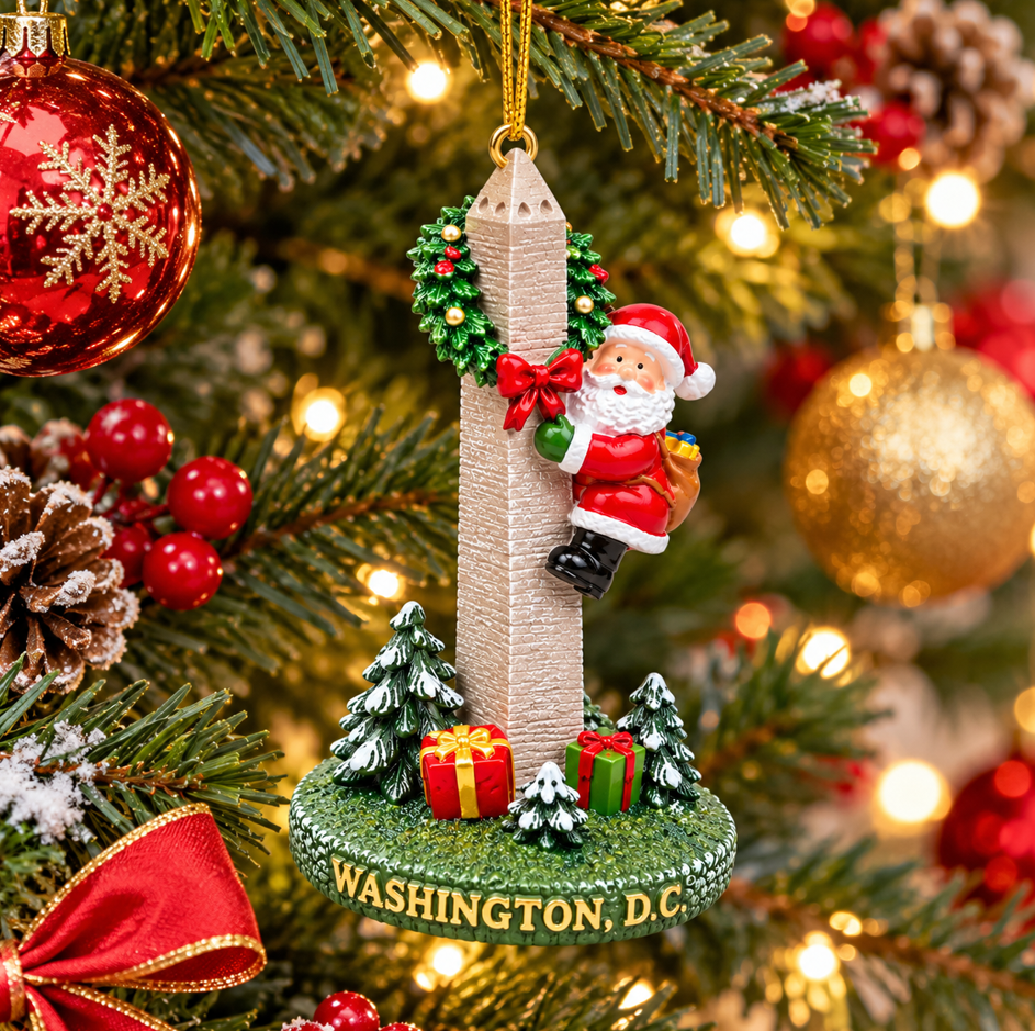 Ceramic Washington Monument ornament with Santa holding wreath, decorative green base.