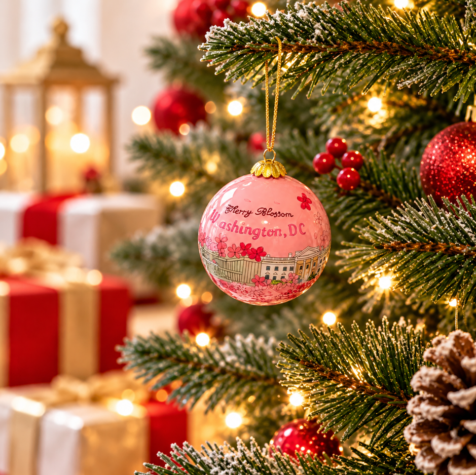 Pink glass panorama Christmas ornament with cherry blossoms and gold hanging loop