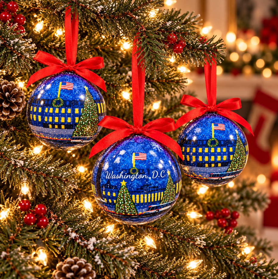 Set of 3 blue Christmas ball ornaments with red ribbons and Washington D.C. skyline