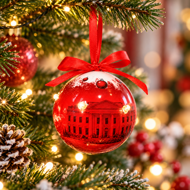 Red glitter ball ornament with ribbon bow hanging on a Christmas tree