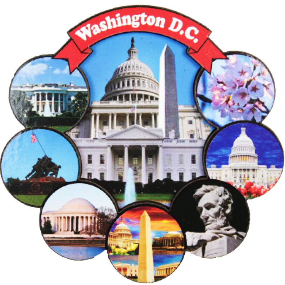 Wooden Magnet Round DC Landmarks & Cherry Blossom 3D 3.25"