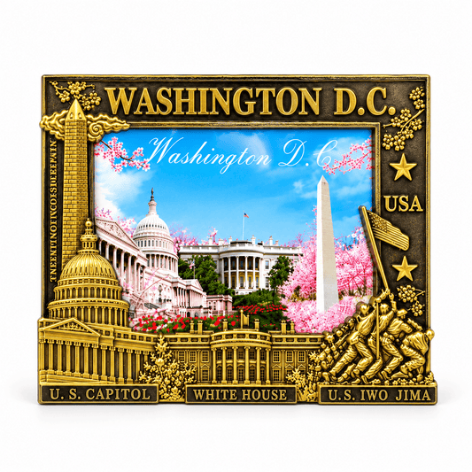 Black and gold Washington D.C. picture frame with ornate landmarks and title text