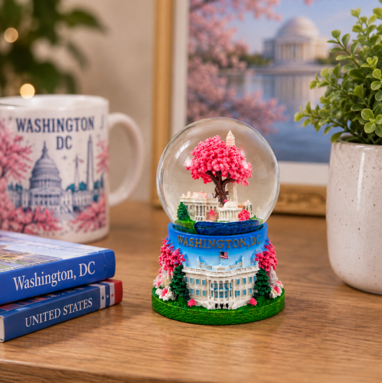 Medium Blue Base Cherry Blossom Tree Snow Globe