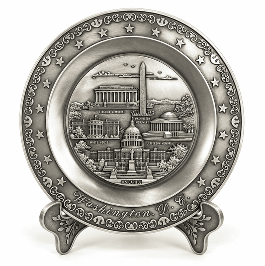 Pewter Washington D.C. decorative plate with star accents, detailed landmark medallion
