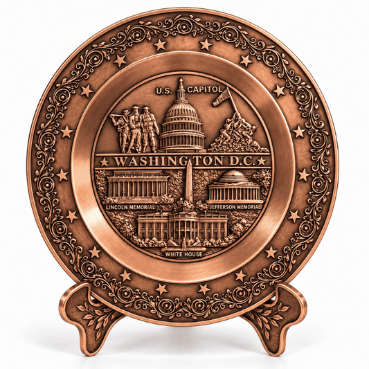 Copper small decorative display plate with raised Washington D.C. landmark panorama