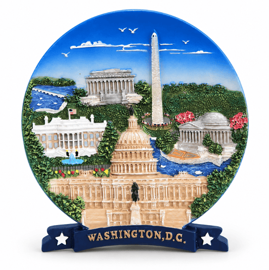 Washington D.C. ceramic panorama plate with detailed monuments and "WASHINGTON, D.C." base