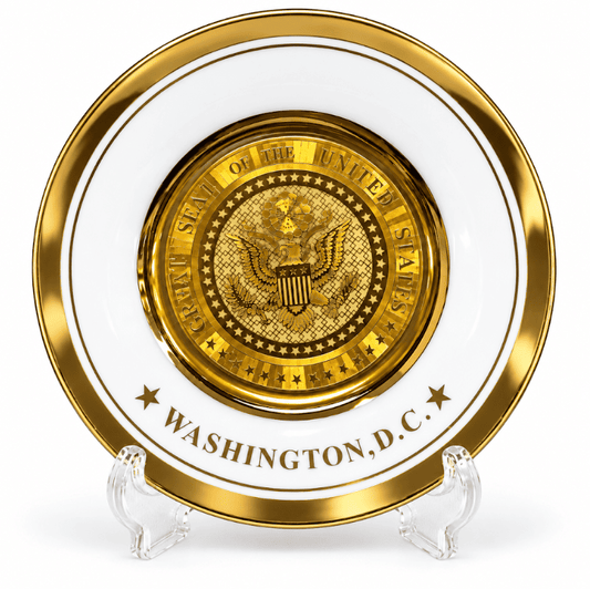 White and gold Washington D.C. seal plate with eagle seal center, on clear stand