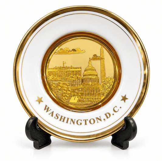 White and gold Washington D.C. souvenir plate with gold Capitol monument scene