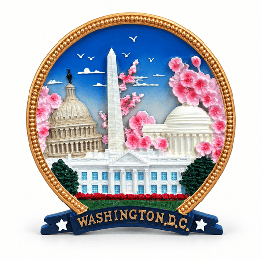 Mini ceramic plate with golden rim, pink blossoms, Washington Monument and Capitol