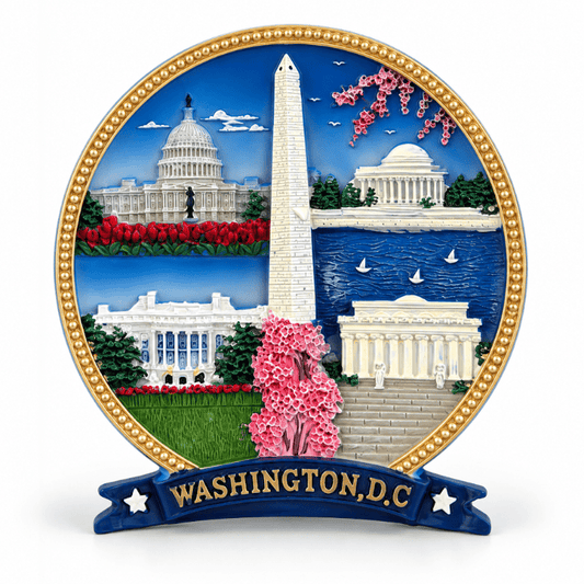 Ceramic oval Washington, D.C. display plate with gold trim, skyline scene, blue base ribbon