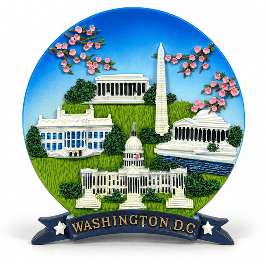 Ceramic Washington DC landmark display plate with blue sky, cherry blossoms, and star base