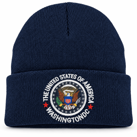 Navy knit beanie with ribbed cuff and embroidered circular seal patch