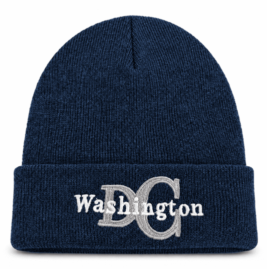 Navy ribbed knit beanie with embroidered "Washington" monogram logo on cuff