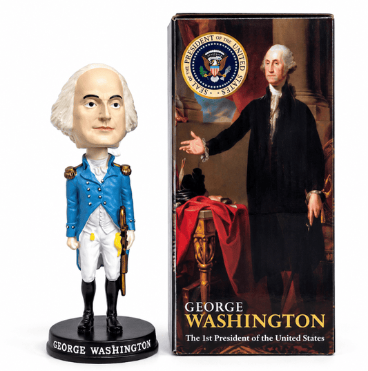 George Washington bobblehead figurine in blue coat and white pants, black base