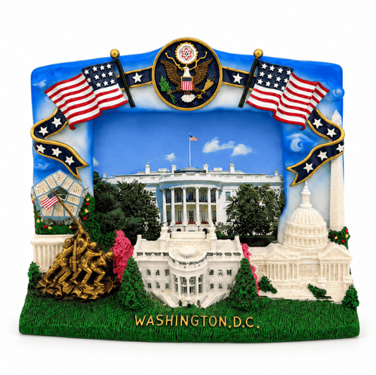 Presidential landmarks picture frame with blue arch, U.S. flags, Capitol dome and White House
