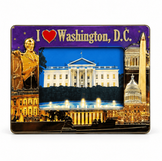 Decorative photo frame with I ♥ Washington, D.C. skyline artwork in purple and gold.