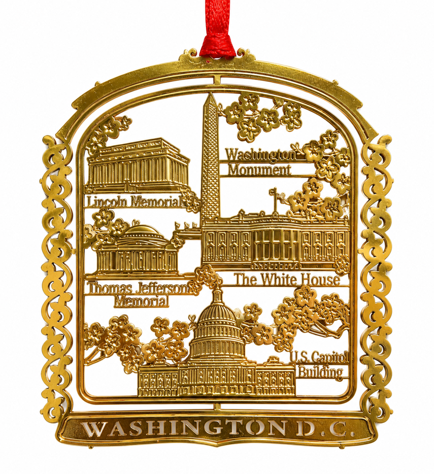 Gold-tone panorama Christmas ornament with landmark artwork and 'Washington D.C.' inscription
