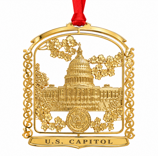 Gold-tone arched ornament with Capitol dome, blossom details, red hanging loop