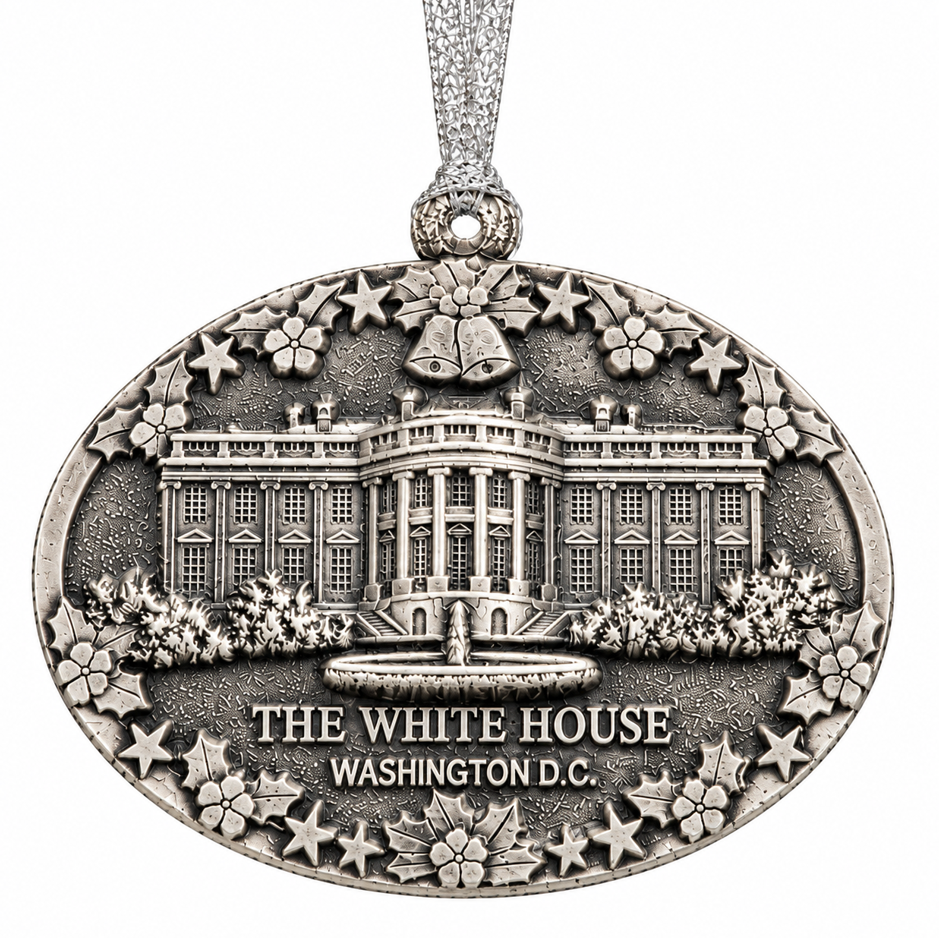 Silver-toned ceramic White House Washington D.C. ornament, detailed front facade and stars