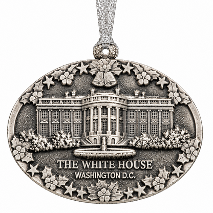 Silver-toned ceramic White House Washington D.C. ornament, detailed front facade and stars