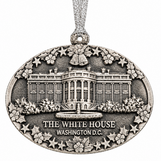 Silver-toned ceramic White House Washington D.C. ornament, detailed front facade and stars