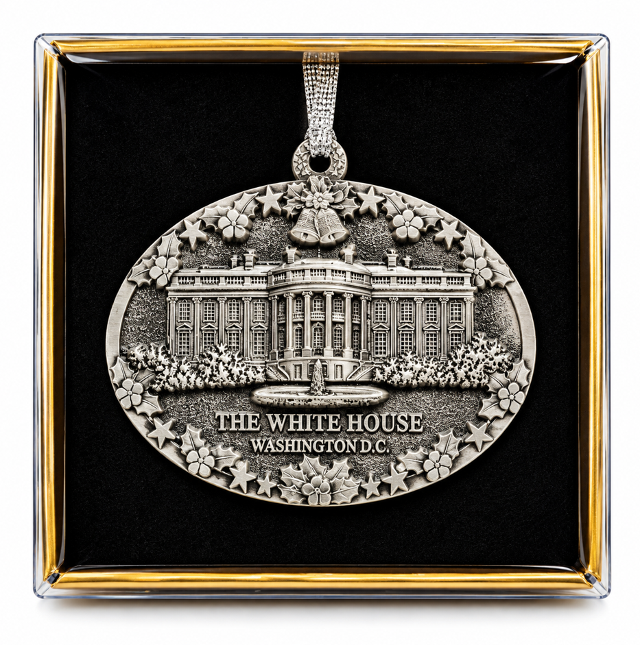 Silver ceramic White House Washington D.C. ornament, star and floral border, hanging loop
