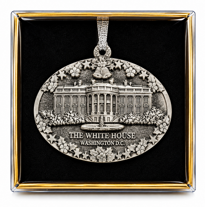 Silver ceramic White House Washington D.C. ornament, star and floral border, hanging loop