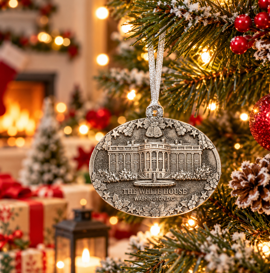 Silver-toned ceramic White House Washington D.C. Christmas ornament with hanging loop