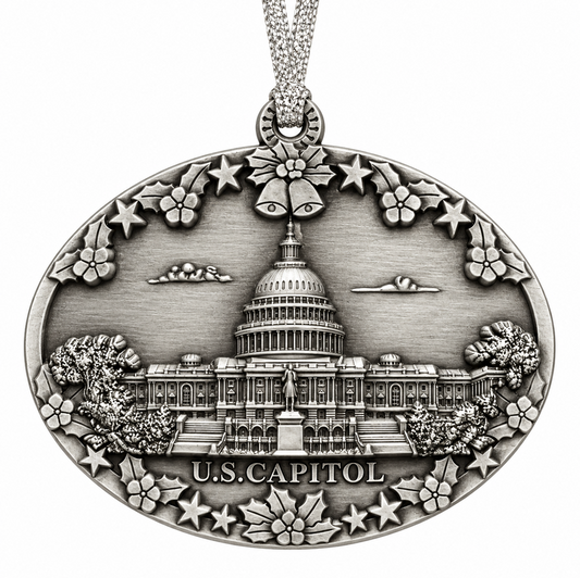 Pewter metal oval U.S. Capitol ornament with ribbon loop and embossed details