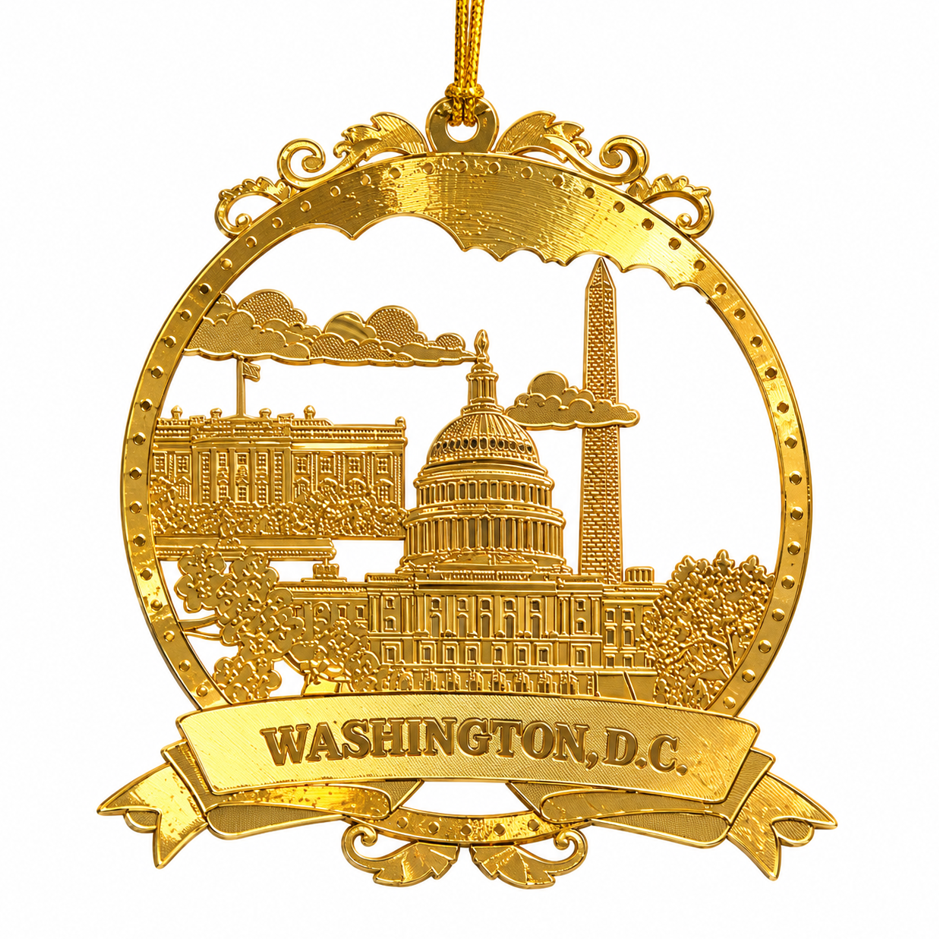 Gold-tone oval Christmas ornament panorama with Capitol dome and Washington, D.C. text
