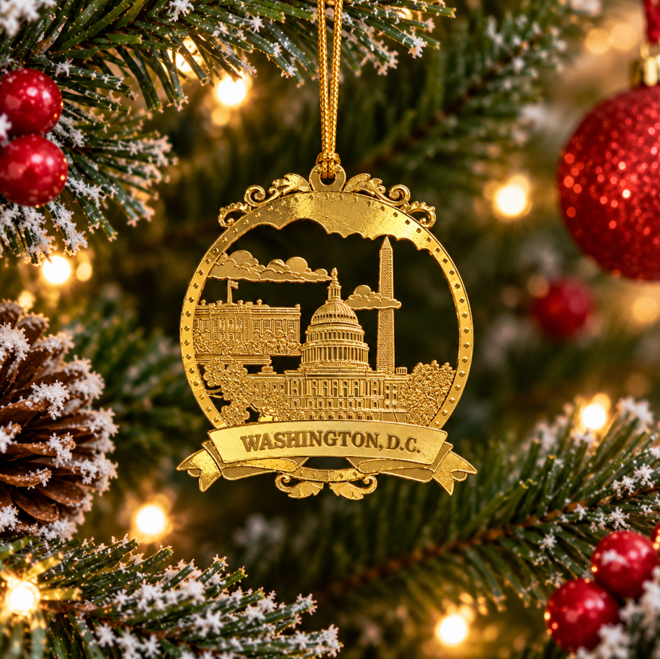 Gold-tone oval Christmas ornament with Capitol dome and Washington, D.C. banner