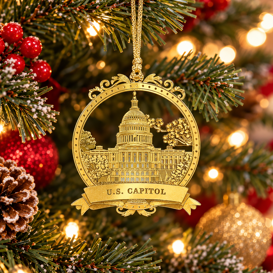 Gold-tone U.S. Capitol ornament with chain, Capitol dome relief and 'U.S. CAPITOL' text.