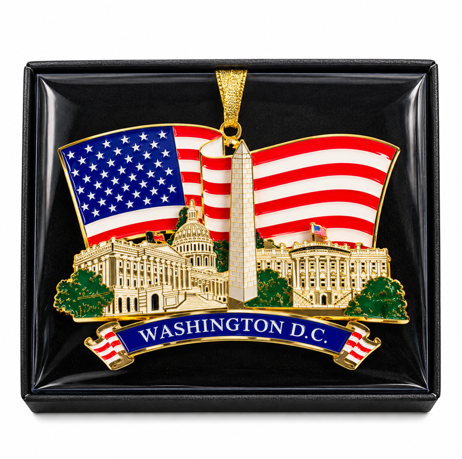 3D metal Christmas ornament with Capitol buildings, American flag, and Washington D.C. banner