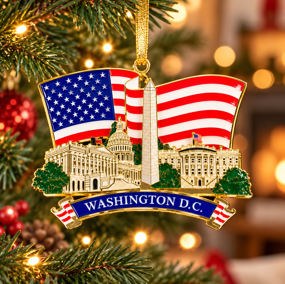 3D metal Washington D.C. landmarks Christmas ornament with American flag and hanging loop