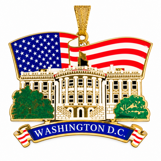 Close-up 3D metal ornament with Washington D.C. White House, U.S. flag and ribbon