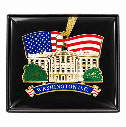 3D metal hanging Christmas ornament showing Washington D.C. White House with U.S. flag