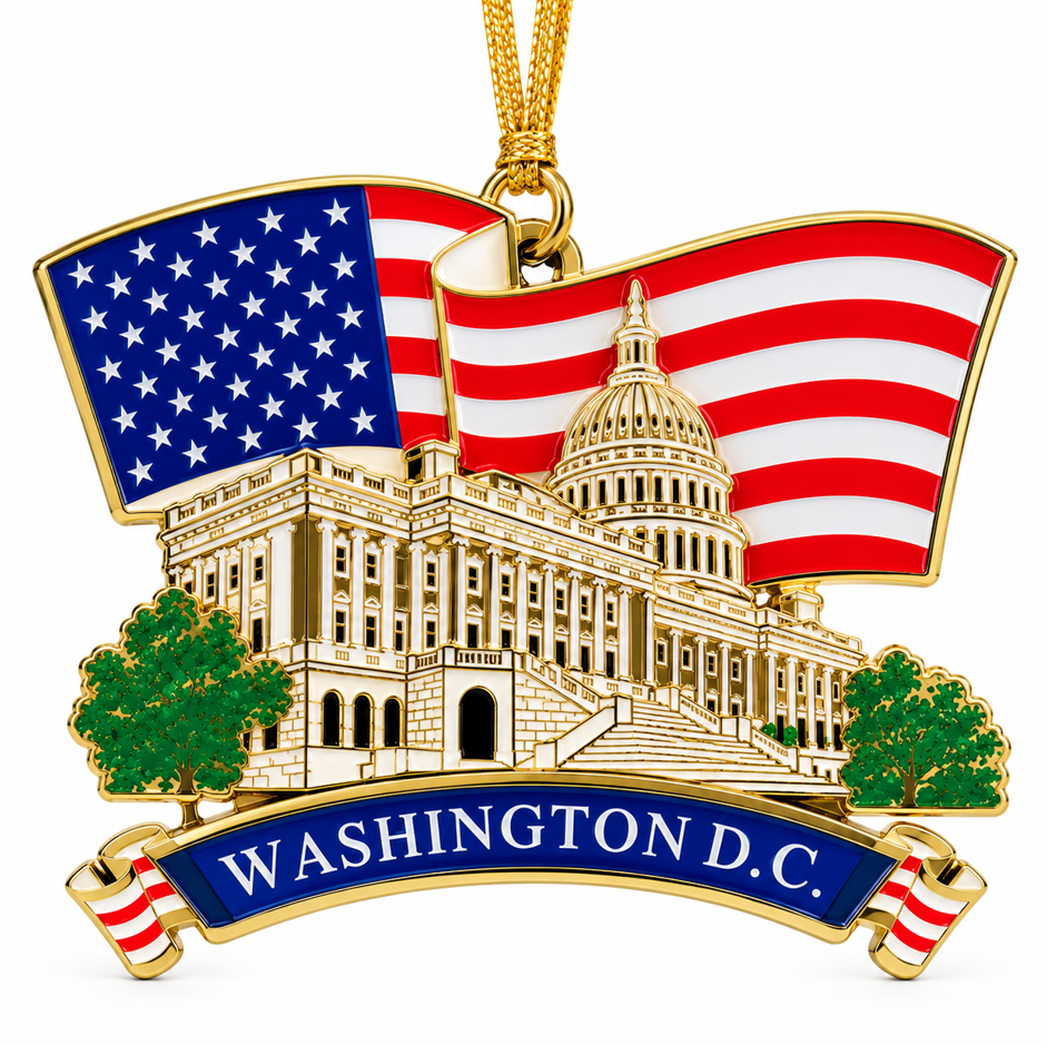 3D metal ornament with U.S. Capitol dome, American flag, and Washington D.C. blue banner