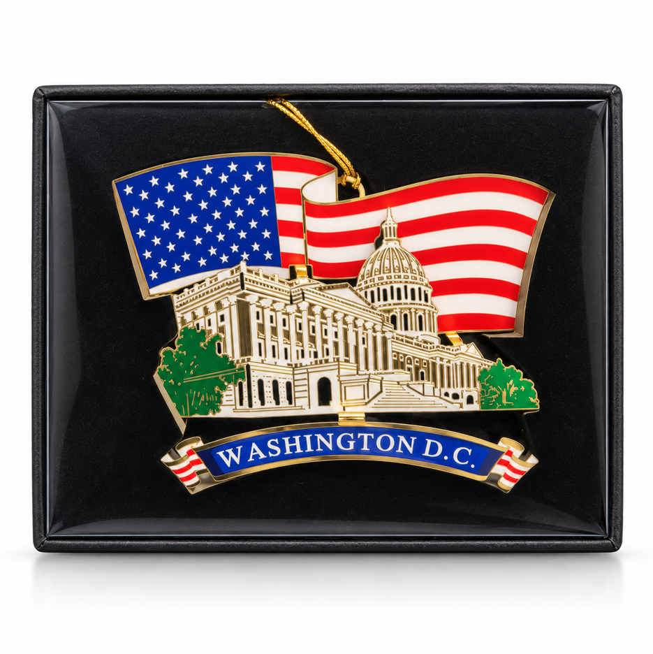3D metal Washington D.C. ornament with Capitol, American flag, and blue banner, in gift box