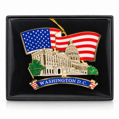 3D metal Washington D.C. ornament with Capitol, American flag, and blue banner, in gift box