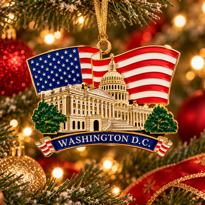 Gold-tone 3D metal Christmas ornament with U.S. Capitol, American flag, and Washington D.C. banner