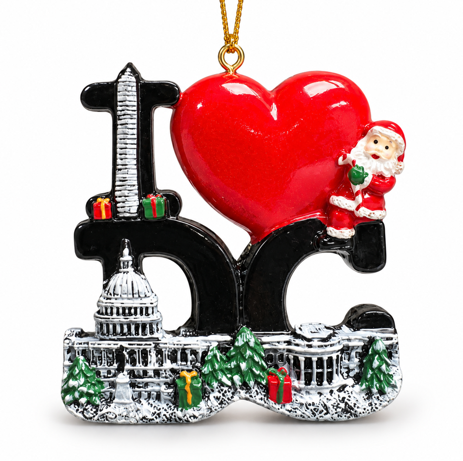 Ceramic Christmas ornament with black 'I' and red heart, Santa on detailed city skyline