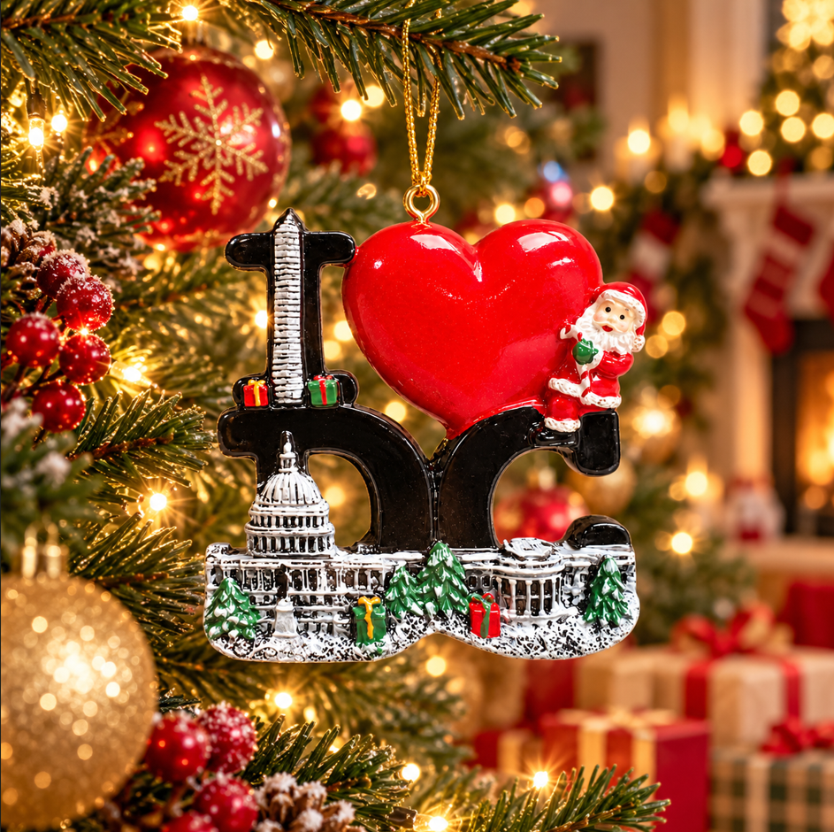 Ceramic Christmas ornament: black 'I' design with red heart, Santa, gold hanging loop
