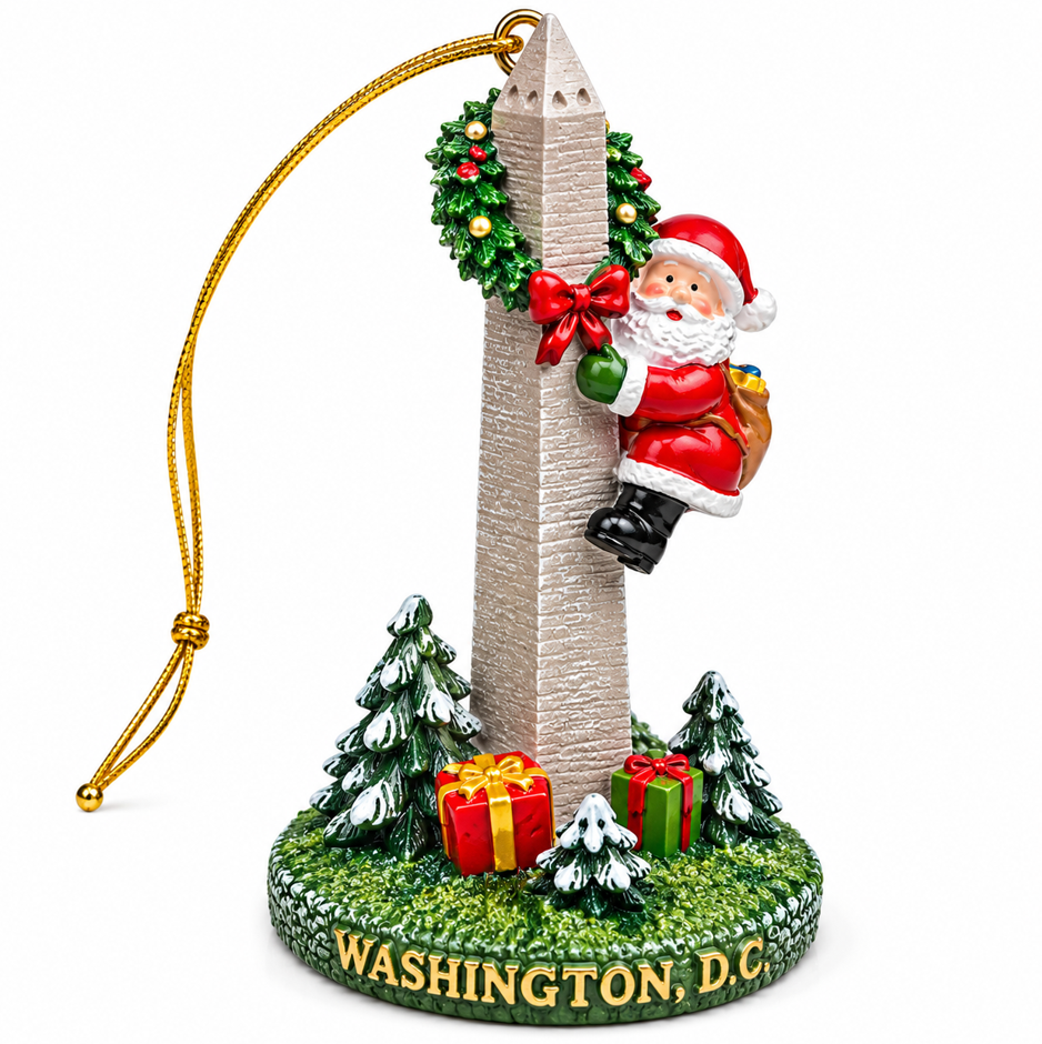 Ceramic Washington Monument ornament with Santa, wreath, and 'WASHINGTON, D.C.' base.