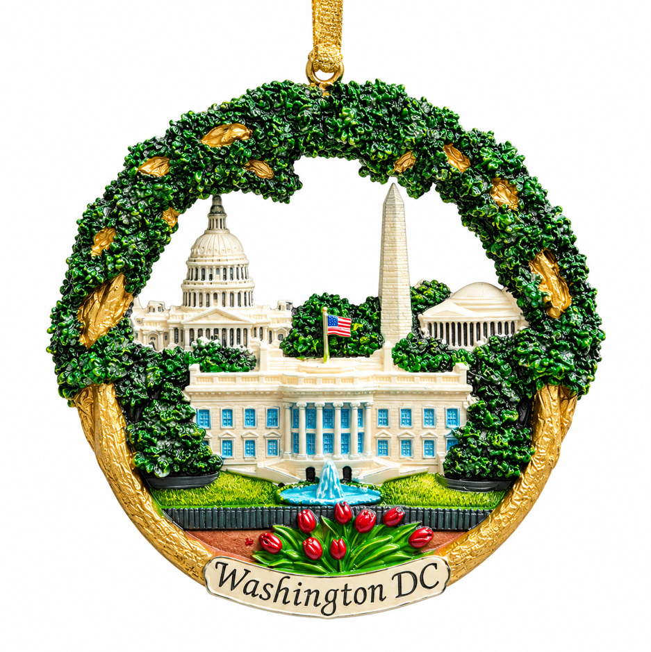 Close-up Washington DC ornament wreath with green greenery, gold trim, and 'Washington DC' label