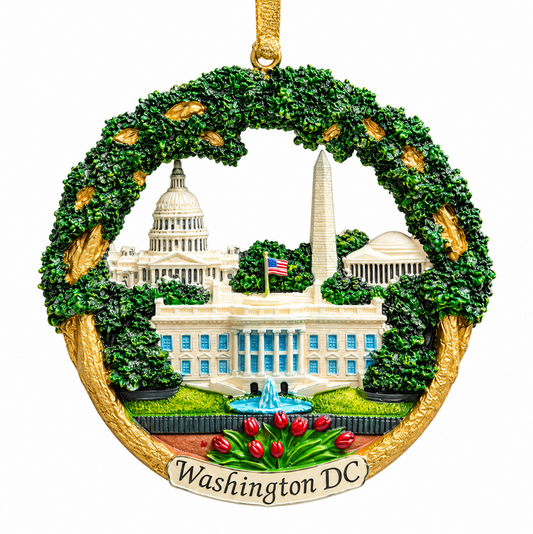 Close-up Washington DC ornament wreath with green greenery, gold trim, and 'Washington DC' label