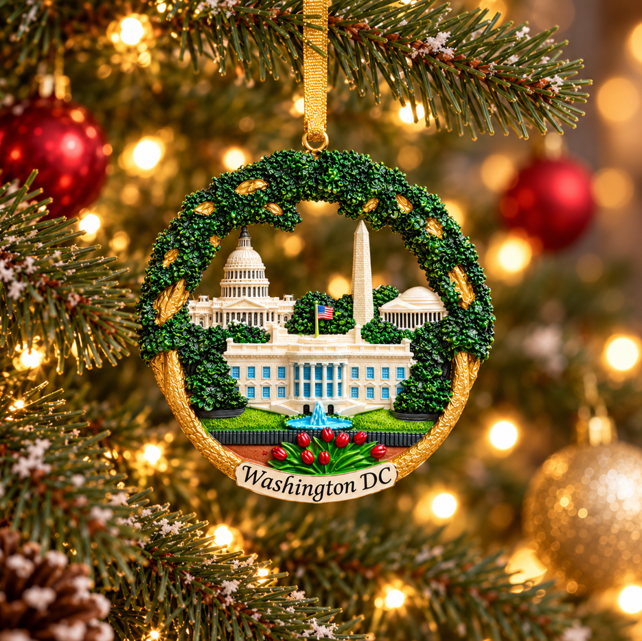 Washington DC ornament wreath with green foliage, gold frame, and Capitol building detail