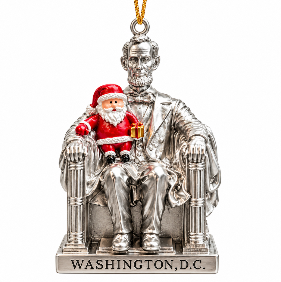 Silver ceramic Santa and Abraham Lincoln Christmas ornament with WASHINGTON D.C. plaque