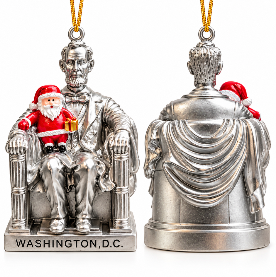Silver ceramic Christmas ornament with Santa and Lincoln figures, front and back views